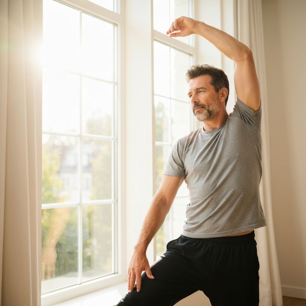 Person stretching at home near window